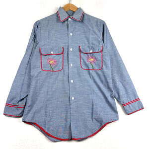 VTG 70s Big Mac JCPenney Womens Small Floral Embroidered Chambray Long Sleeve